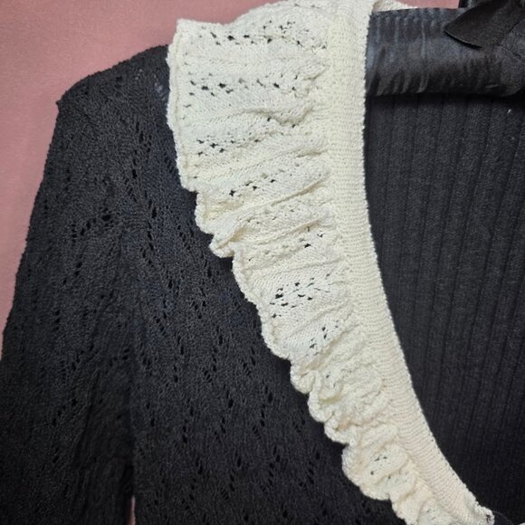 Zara Pointelle Mixed Ruffled Knit Cardigan Black/Cream L - Picture 6 of 11
